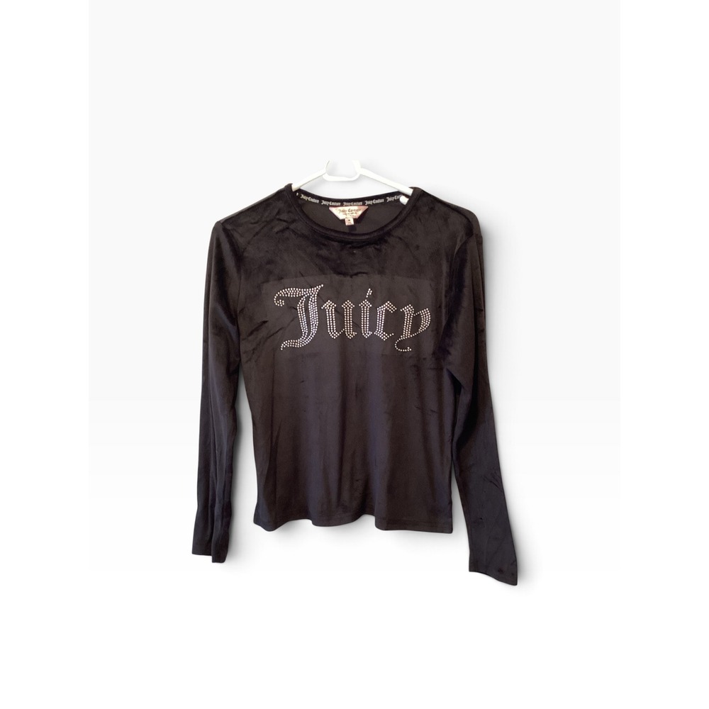Juicy Couture Black Velour Rhinestone Logo Long Sleeve Top Sleepwear Womens M